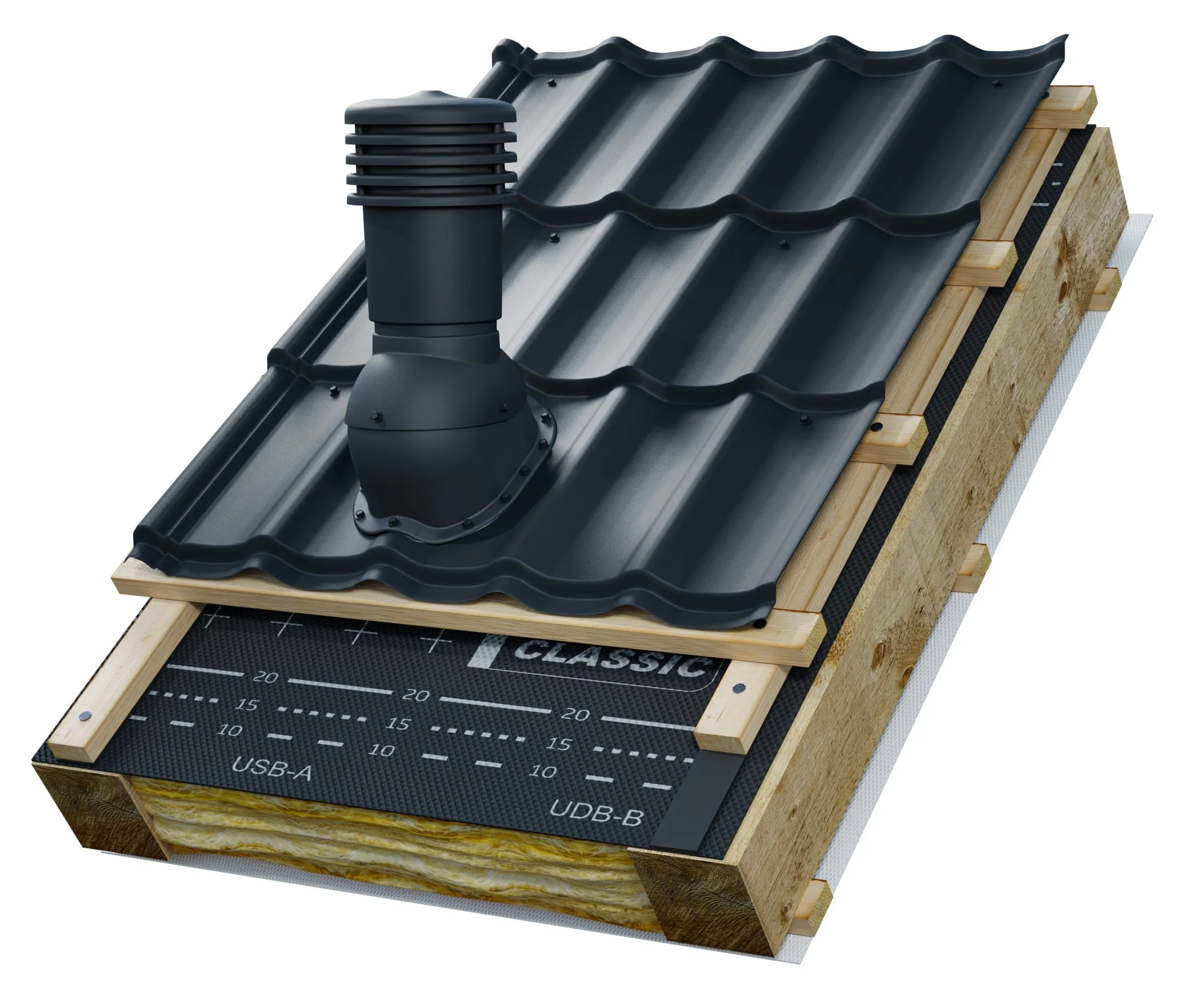 Ventos X N25 ventilācijas izvads uz metāldakstiņu jumta, šķērsgriezums